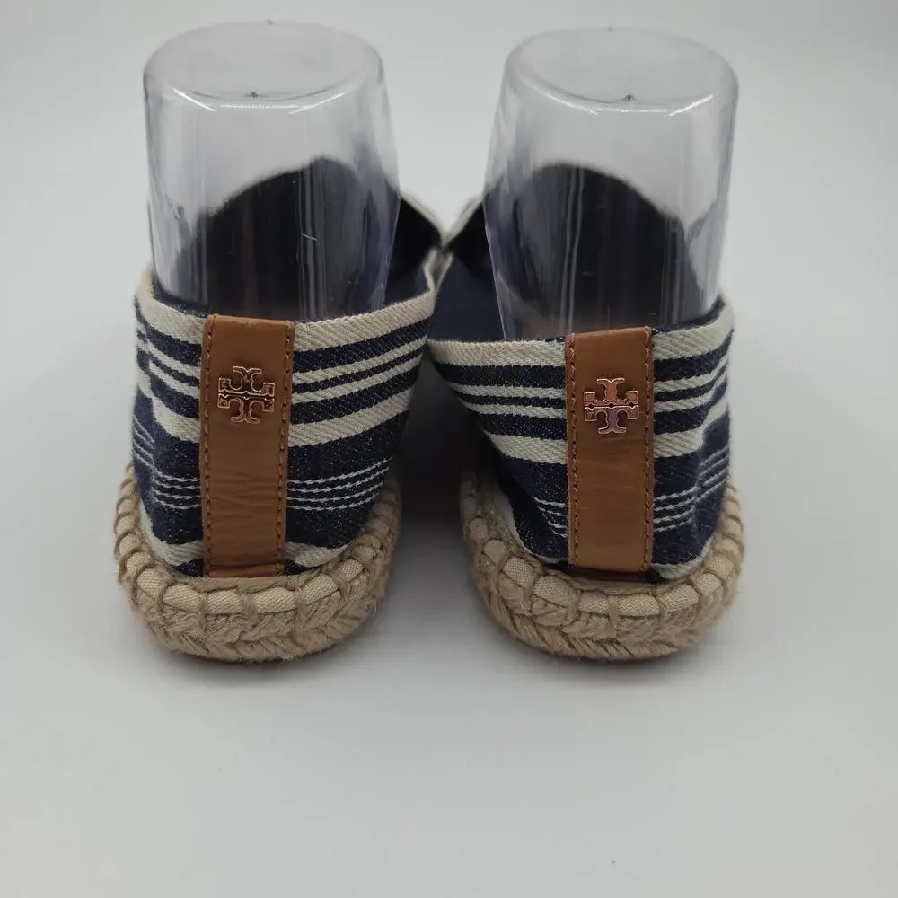 Tory Burch Espadrille Flats 9 Navy White Stripe Canvas Slip On Coastal‎ Preppy